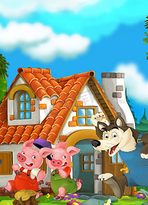 卡通童话场景与猪-儿童插画