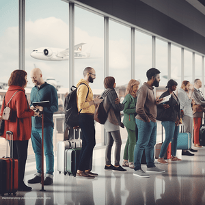 多种族人群在机场大厅排队办理登机手续的侧视图