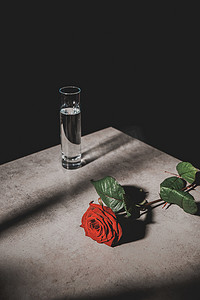 红色玫瑰花和玻璃与水在石头桌上查出在黑色