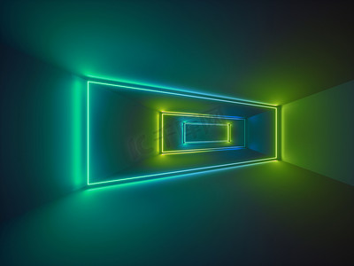 3d 渲染, 激光显示, 夜总会内灯, 绿色发光线, 抽象荧光背景, 房间, 走廊