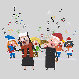 修女和神父和孩子们一起唱圣诞歌。3d 插图