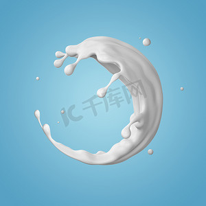 飞溅牛奶液体摄影照片_3d 渲染, 牛奶螺旋飞溅, 液体波, 白色飞溅, 油漆, 循环, 弯曲喷射, 隔离在蓝色背景