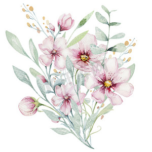 花粉红色的樱花花环在水彩画风格与白色背景。集夏季绽放的樱花分枝装饰
