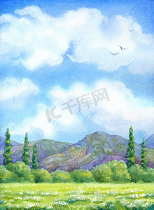 树林草地背景摄影照片_水彩风景。多云的天空，在山谷的花朵