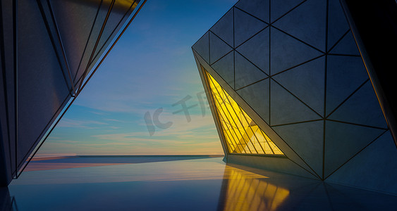 现代三角形造型设计采用玻璃、混凝土和钢结构的现代建筑外墙.夜景。照片逼真3D渲染.