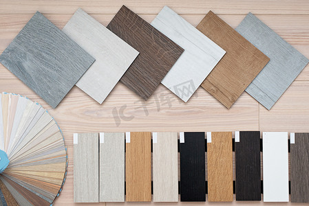 一个例子是豪华乙烯地砖目录和一个带有纹理的设计师调色板，其内部设计为轻质木制背景的房子或地板.
