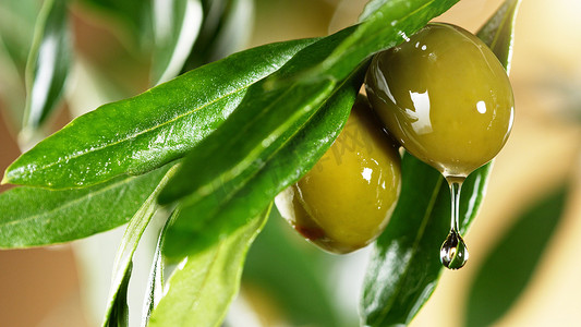 破旧的橄榄球摄影照片_橄榄油从绿色的橄榄果实上滴落,宏观喷出.新鲜榨橄榄油概念.