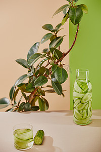 植物玻璃瓶摄影照片_在米色和绿色背景上放满了水和切碎黄瓜的高角形玻璃瓶和植物