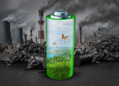 电电池概念和电能可充电电源作为绿色燃料, 利用3d 渲染元素帮助旧污染行业的环境.