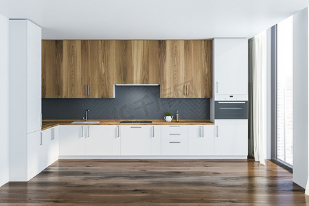 厨房的内部有白色和灰色的墙壁, 木地板, 白色的台面与内置水槽和烤箱和木制橱柜。3d 渲染