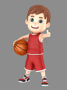3d 一个可爱的孩子拿着篮球和显示数字竖起大拇指标志在制服的插图