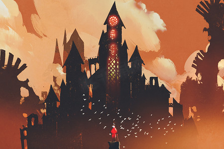 红色云摄影照片_站在梦幻城堡前的红色骑士