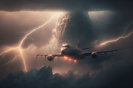 out摄影照片_Big plane coming out of heavy thunder and lightning clouds