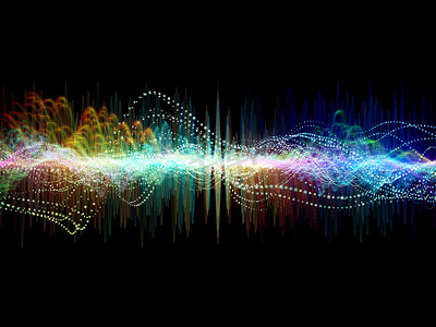 音摄影照片_波函数系列。彩色正弦振动、光和分形元素在声均衡器、音乐谱和量子概率问题上的抽象设计