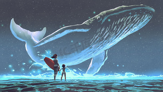 蓝光冷风摄影照片_妈妈和女儿看着鲸鱼，蓝光在夜空中飘扬，数码艺术风格，插图绘画