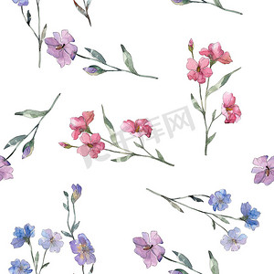 紫色花水彩摄影照片_粉红色和紫色亚麻植物花。被隔绝的狂放的春天叶子。水彩插图集。水彩画时尚水彩画。无缝的背景模式。织物壁纸打印纹理.