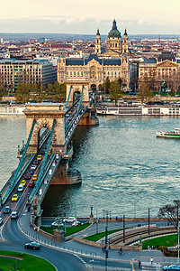 著名的链子桥梁和多瑙河与船在日落。鸟瞰。负拷贝空间, 文本位置。布达佩斯, 匈牙利