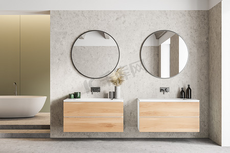 带有白色和木制墙壁的时尚浴室的内部，混凝土地面，带有圆形镜子的双水池和浴缸。3d渲染