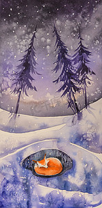 狐狸和摄影照片_冬季现场与狐狸, 树和雪覆盖领域和干草。用水彩创建的图片.