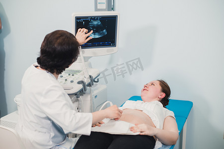 筛摄影照片_医生使用超声和筛查孕妇肚子.
