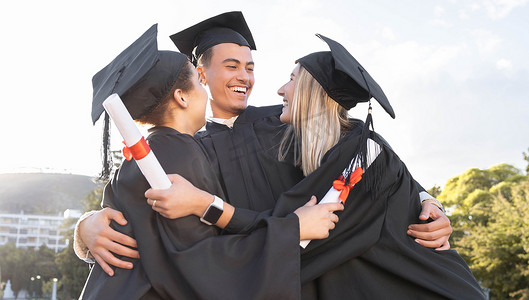 Student graduation, friends and hug for celebration, success and certified education event outdoor. Diversity, smile and excited graduates celebrate at happy campus, university goals or study support.