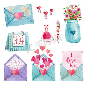 Cute watercolor  romantic illustration set of design elements for Valentine's Day, Wedding day, scrapbook