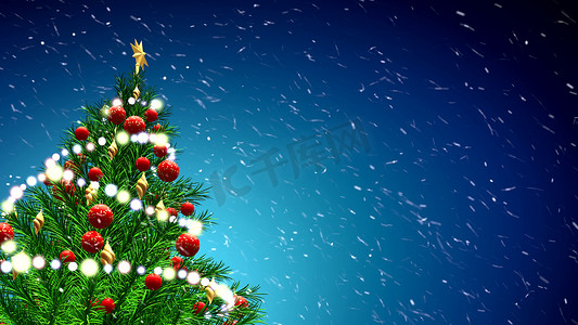 绿色的圣诞树，在蓝色的背景、 雪花和红球三维图