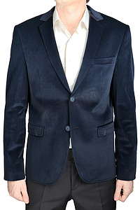 Velvet blazer wedding groom suit jacket, navy blue, on white.