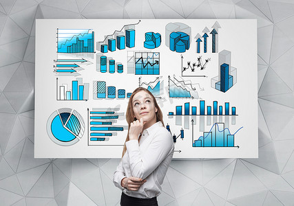 A young pretty businesswoman with hand to the chin looking up is standing in front of a white poster with many different blue graphs drawn on it.