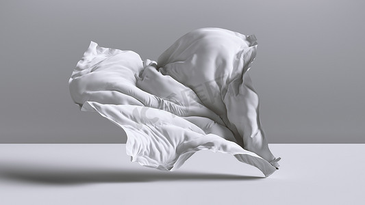 风吹林木摄影照片_3D渲染。抽象的时尚背景，白色的窗帘落在空房间的地板上。丝绸纺织品被风吹走了