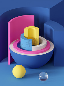 3d 渲染, 抽象几何背景, 原始形状, 玩具, 半球, 扇形, 明亮的彩色方块