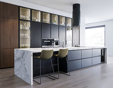 现代厨房内部有白色和灰色墙壁，木制地板和黑色和灰色。3d渲染