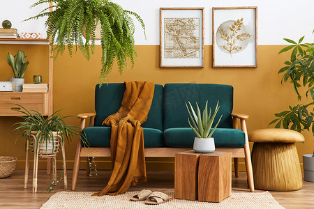 客厅内饰时尚的丑闻，带有设计绿色天鹅绒沙发，金袋，木制家具，植物，地毯，立方体和模型的海报框架。模板. 