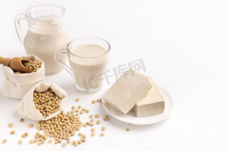 Soy and derivatives. Soy milk, white blocks cheese