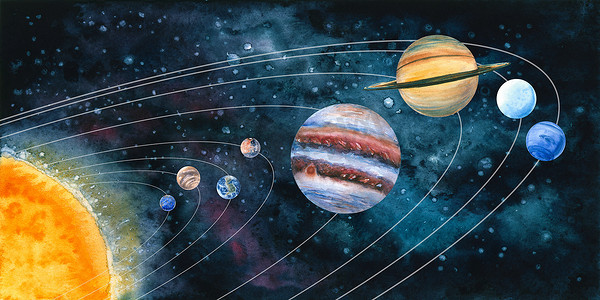彭赛博客摄影照片_有行星的水色太阳系。手绘插图。绘画的宇宙非常适合占星家博客，室内壁纸，海报，笔记本电脑背景，科学和宇宙设计