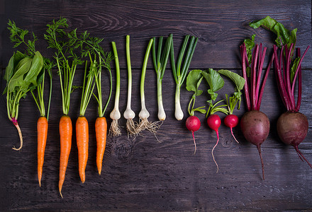 胡萝卜，甜菜，萝卜，洋葱，大蒜，菠菜 - 黑木背景的根菜。夏季农场蔬菜。食物背景，布局，文本空间