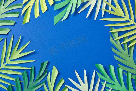 蓝色背景上绿剪纸热带叶子的顶视图，带复印空间