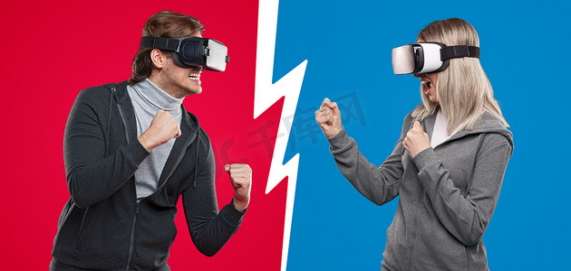 架势摄影照片_玩电子游戏的VR眼镜中表现出的竞争对手