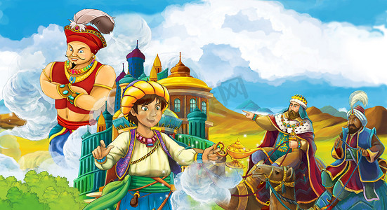 动画片场面与王子或魔术师看在骆驼的旅行者在背景-巫师飞行在城市-例证为孩子