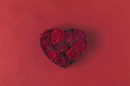 顶部的玫瑰在心形礼品盒孤立的红色, st 情人节假期概念