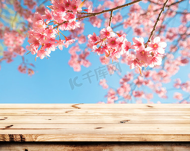 木桌顶部空的准备为您的产品和食物陈列或蒙太奇与桃红色樱花花 (樱花) 在天空背景在春天季节.