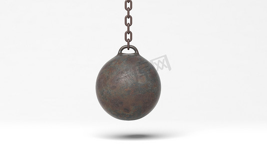 Metallic rusty wrecking ball on chain, isolated on white background. 3D rendering