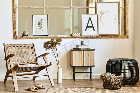 木制画框摄影照片_独具特色的客厅内部，配有时尚藤椅、设计家具、干花、模拟招贴画框、木制地板、装饰和典雅的个人配饰。现代家庭。模板.