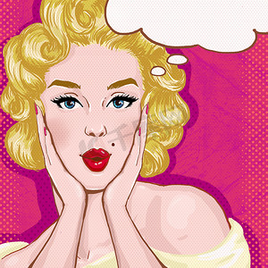 art摄影照片_Pop Art illustration of blond girl with the speech bubble.Pop Art girl.