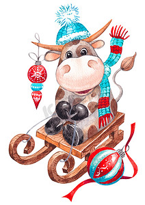 今年是公牛年圣诞快乐和新年贺卡。手绘水彩画农场动物图解.
