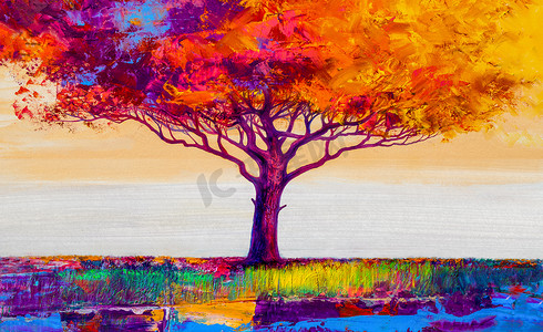 油画风景摄影照片_油画风景,五彩缤纷的抽象树.手绘印象派.