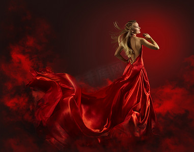红色的裙子，女士梦幻礼服飞行和挥舞着，吹在风，裸回画像长布里漂亮的女孩的头发的女人