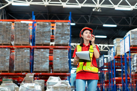 Engineering technician worker is operating the machine inside warehouse using walkie talkie and manual device monitor to command the order for line production