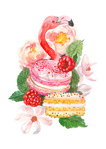 粉红色火烈鸟和 macaron 时尚水彩插图白色背景。异国情调的艺术背景。甜的沙漠与树莓和花, 热带鸟。织物设计, 墙纸, 纺织品和