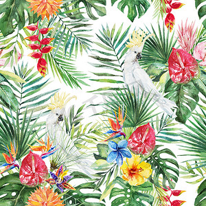 绿色的棕榈叶，白色凤头鹦鹉鸟，五颜六色的鲜花，在白色的背景。水彩手绘无缝模式。热带的插图。茂密的丛林.